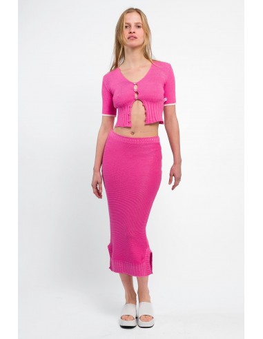 READY TO SHIP - RUNWAY LOOK 7 - Fuchsia pink knitted mid-length skirt Le MVP de beaucoup