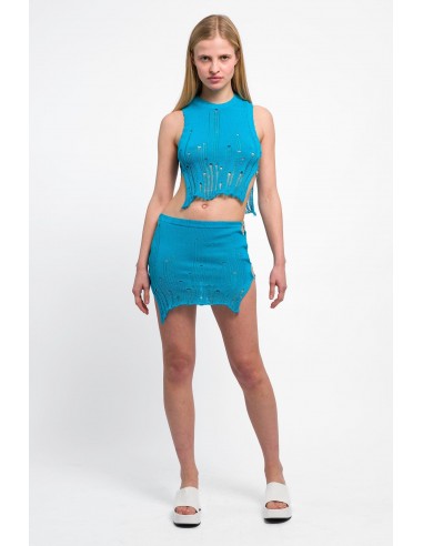 READY TO SHIP - RUNWAY LOOK 35 - Mermaid cut outs turquoise blue top with “M” and “C” silver hardware de l' environnement