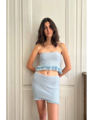 READY TO SHIP - Sky blue cotton knitted mini skirt with ruffles Fin de série